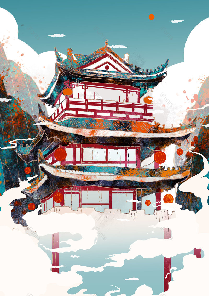 中国风国潮手绘古建筑门楼景点背景设计,插画/手绘图,插画/手绘图库,插画/手绘图下载,插画/手绘